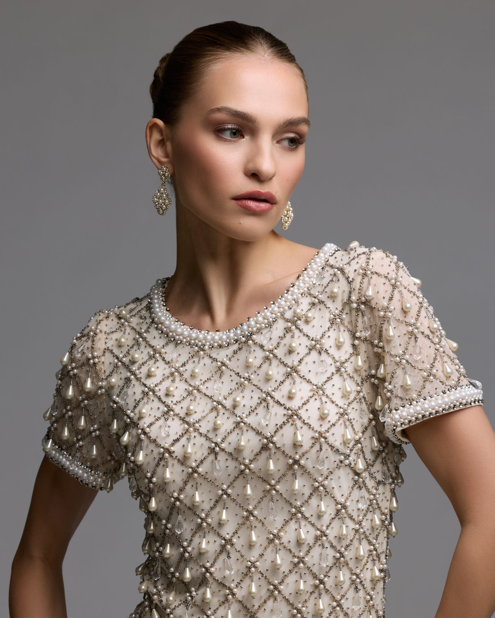 Ivory Pearl Embellished Short Sleeve Mini Dress