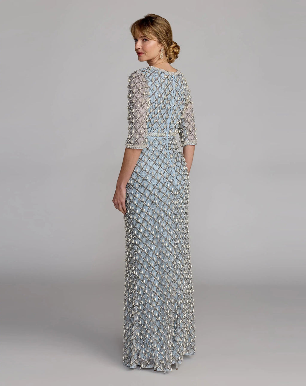 Blue Pearl Embellished 3/4 Sleeve Gown