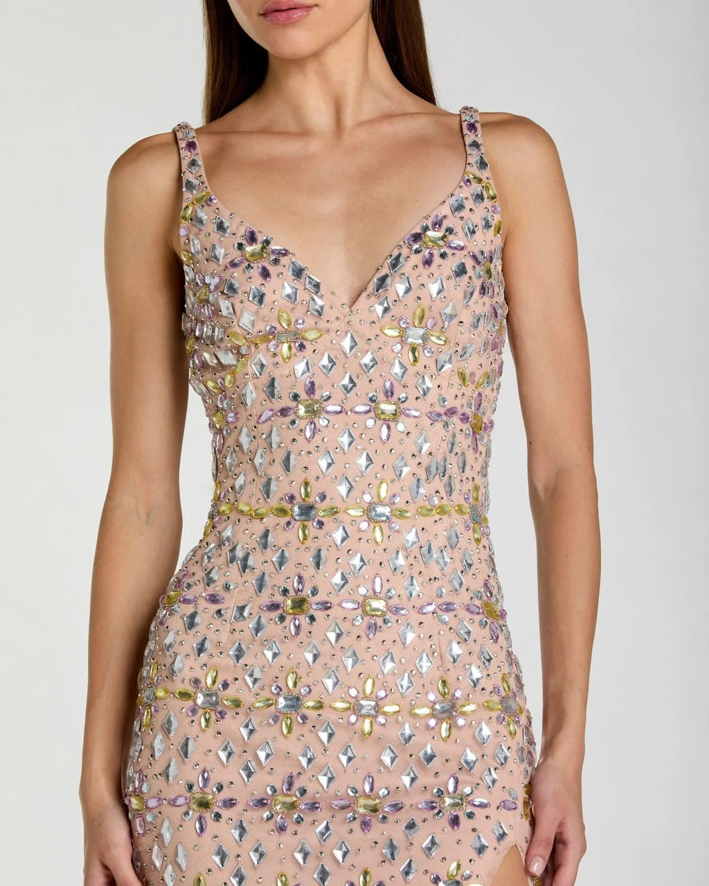 Beige Embellished V Neck Column Gown With Slit