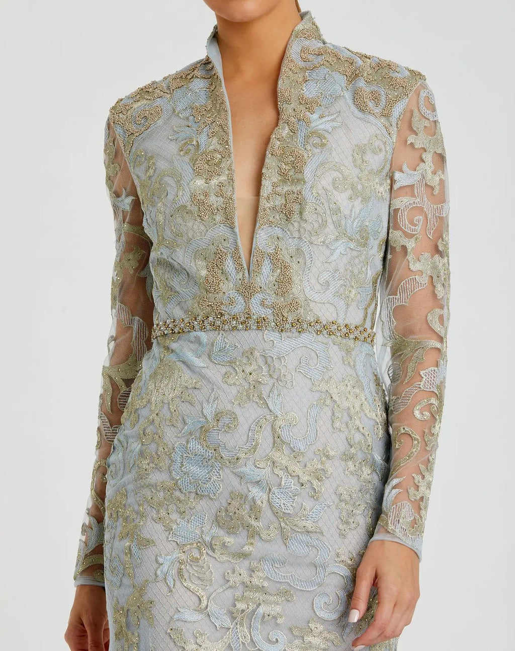 Blue Queen Anne Lace Long Sleeve V-Neck Trumpet Gown