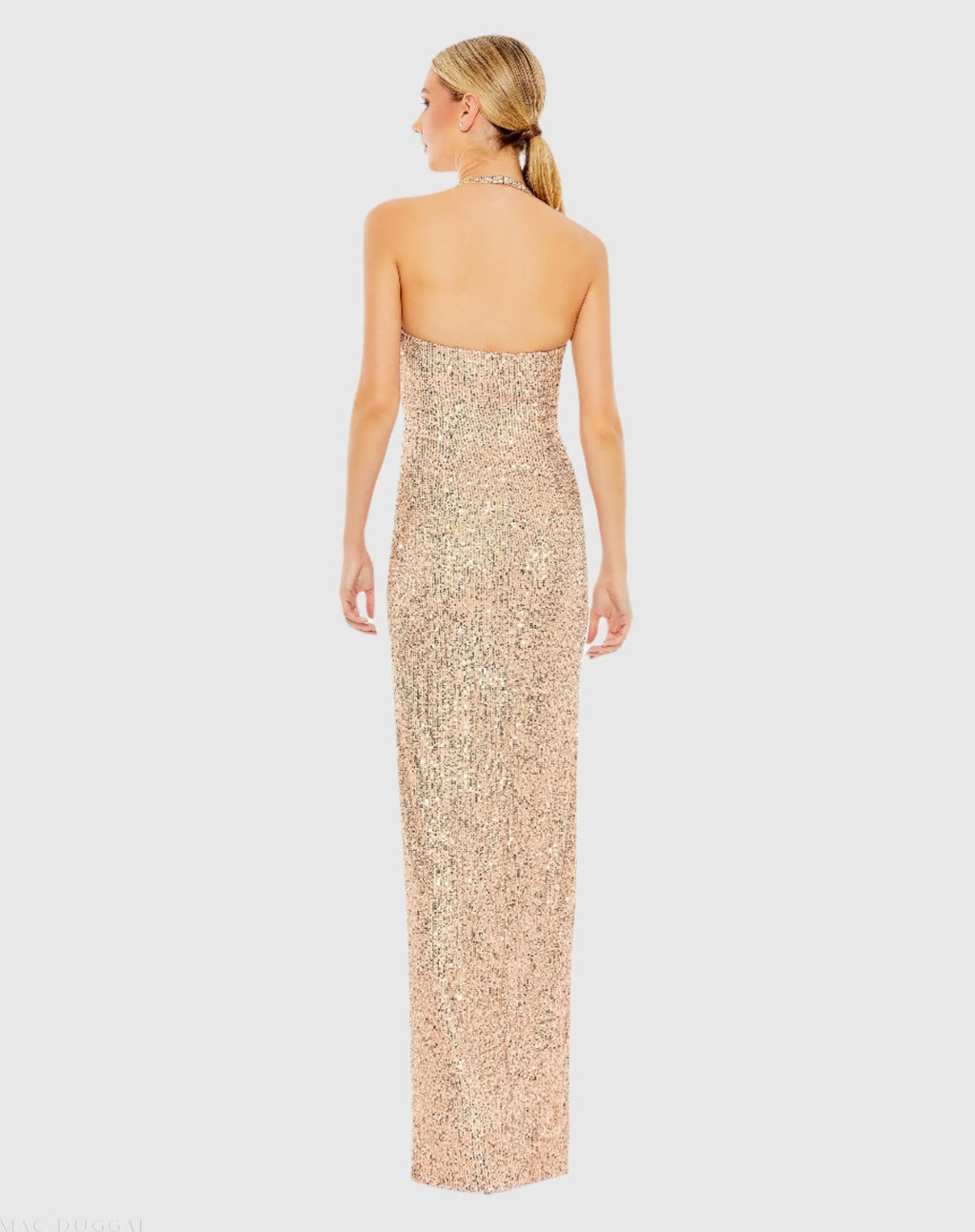 Gold Sequined Halter Strap Low Side Knot Gown