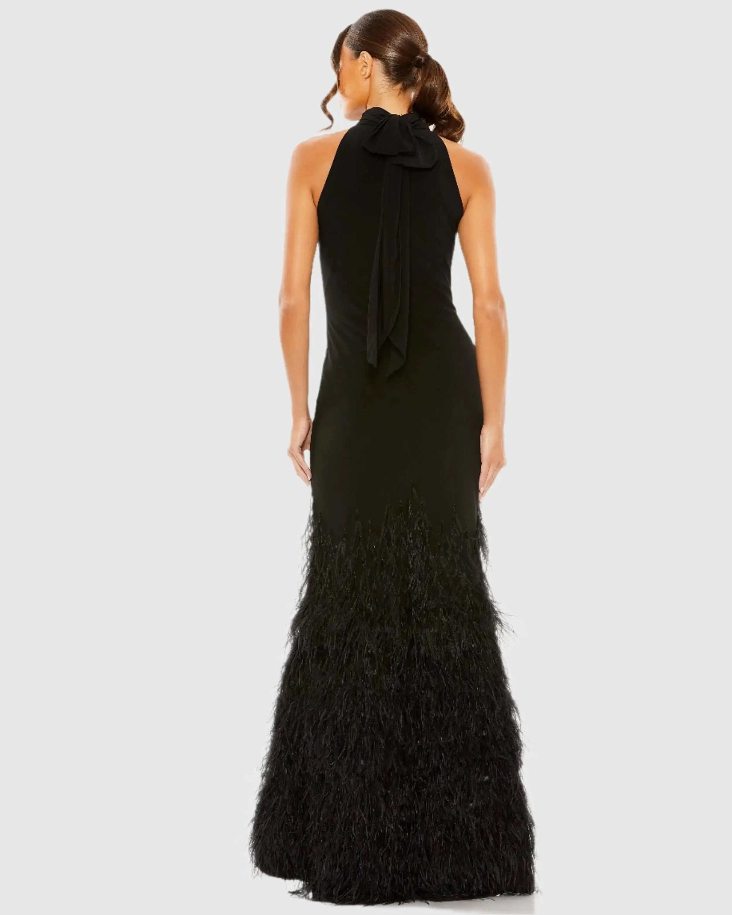 Black Halter Neck Jersey Gown With Feather Trim