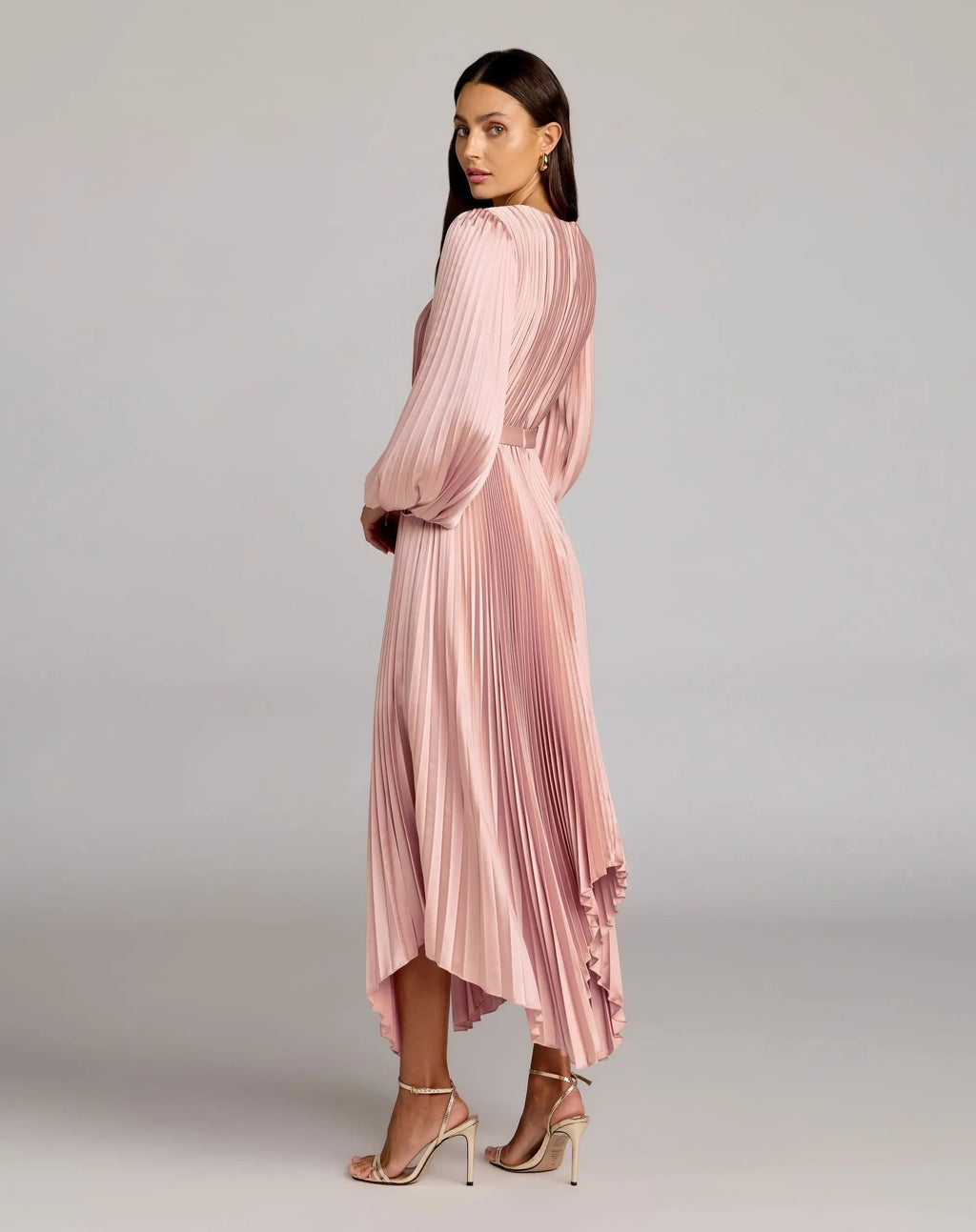 Pink Long Sleeve Pleated Charmeuse Handkerchief Dress