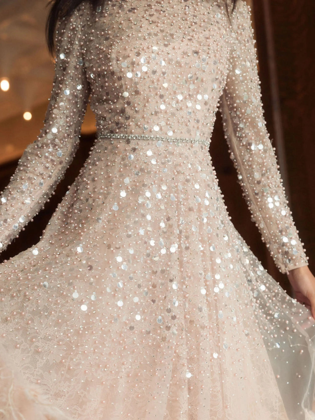 Pink Disc Embellished Sequin Gown with Feather Detail