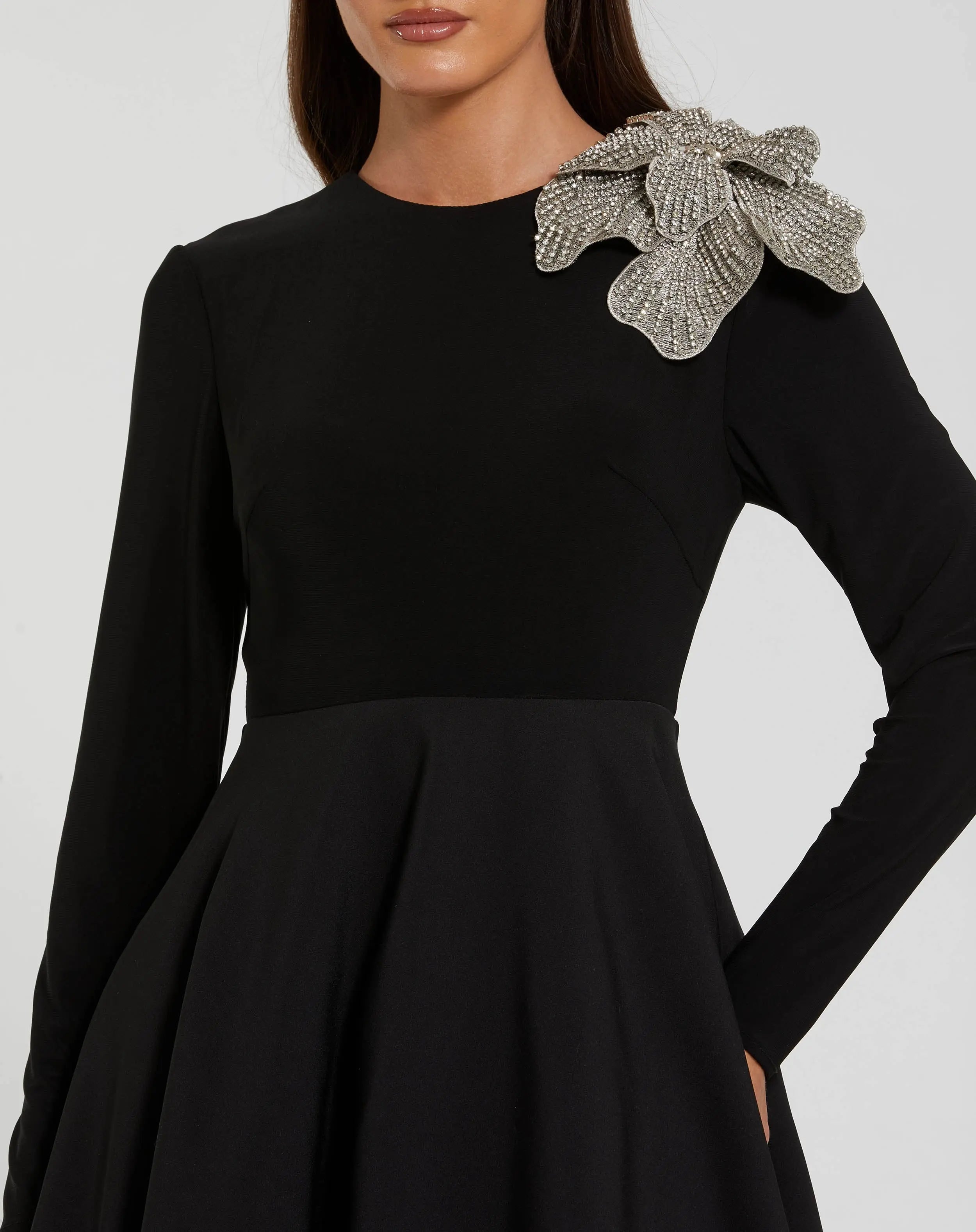 Black Long Sleeve Taffeta Ball Gown With 3D Rhinestone Flower
