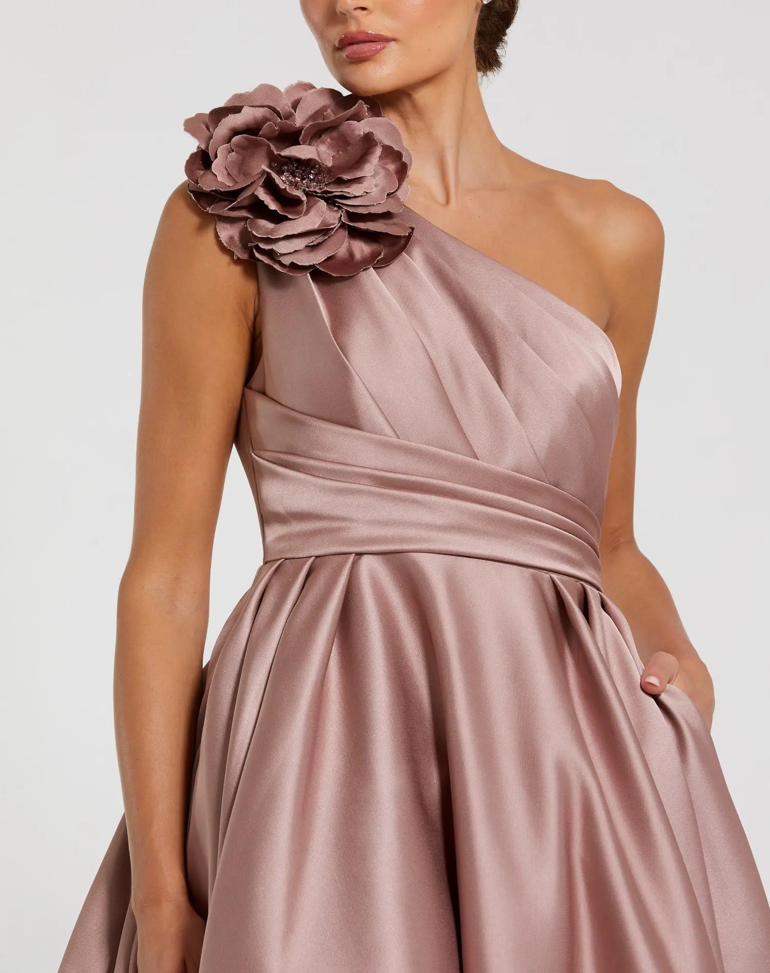 Pink One Shoulder Satin Ball Gown With 3D Flower