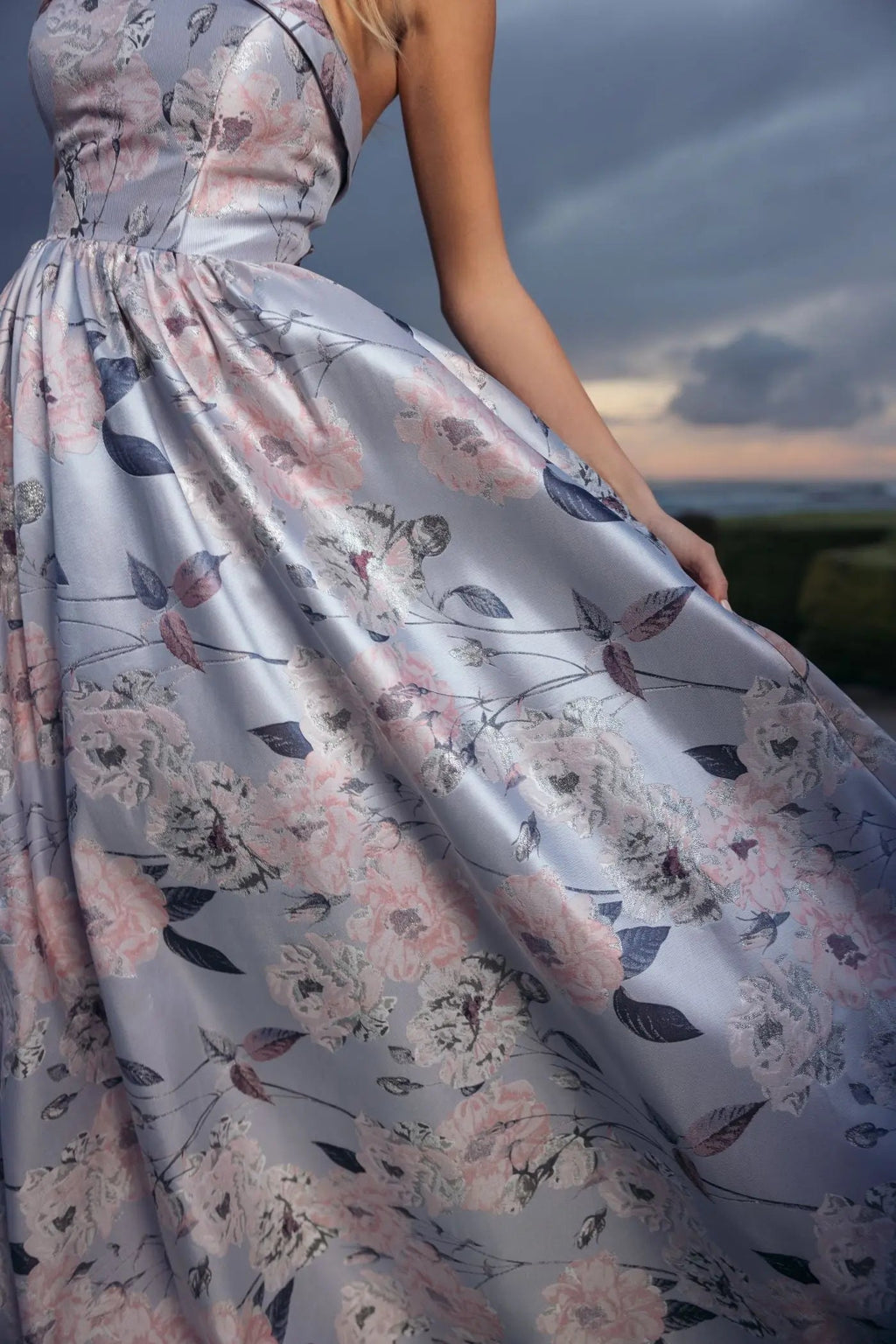 Blue Floral Brocade Strapless Ball Gown