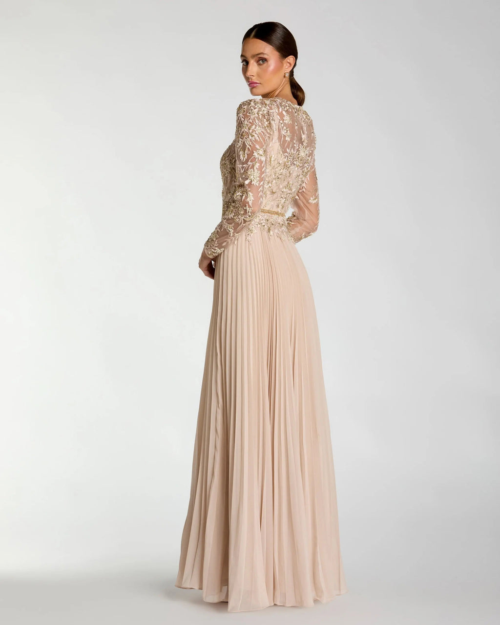 Beige Long Sleeve Chiffon Embellished Gown
