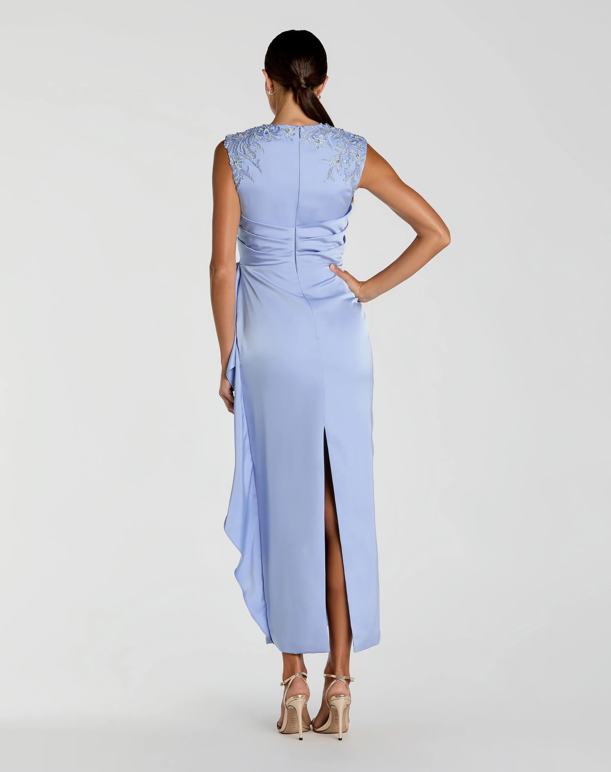 Blue Satin Beaded Embroidered Midi Dress With Bow