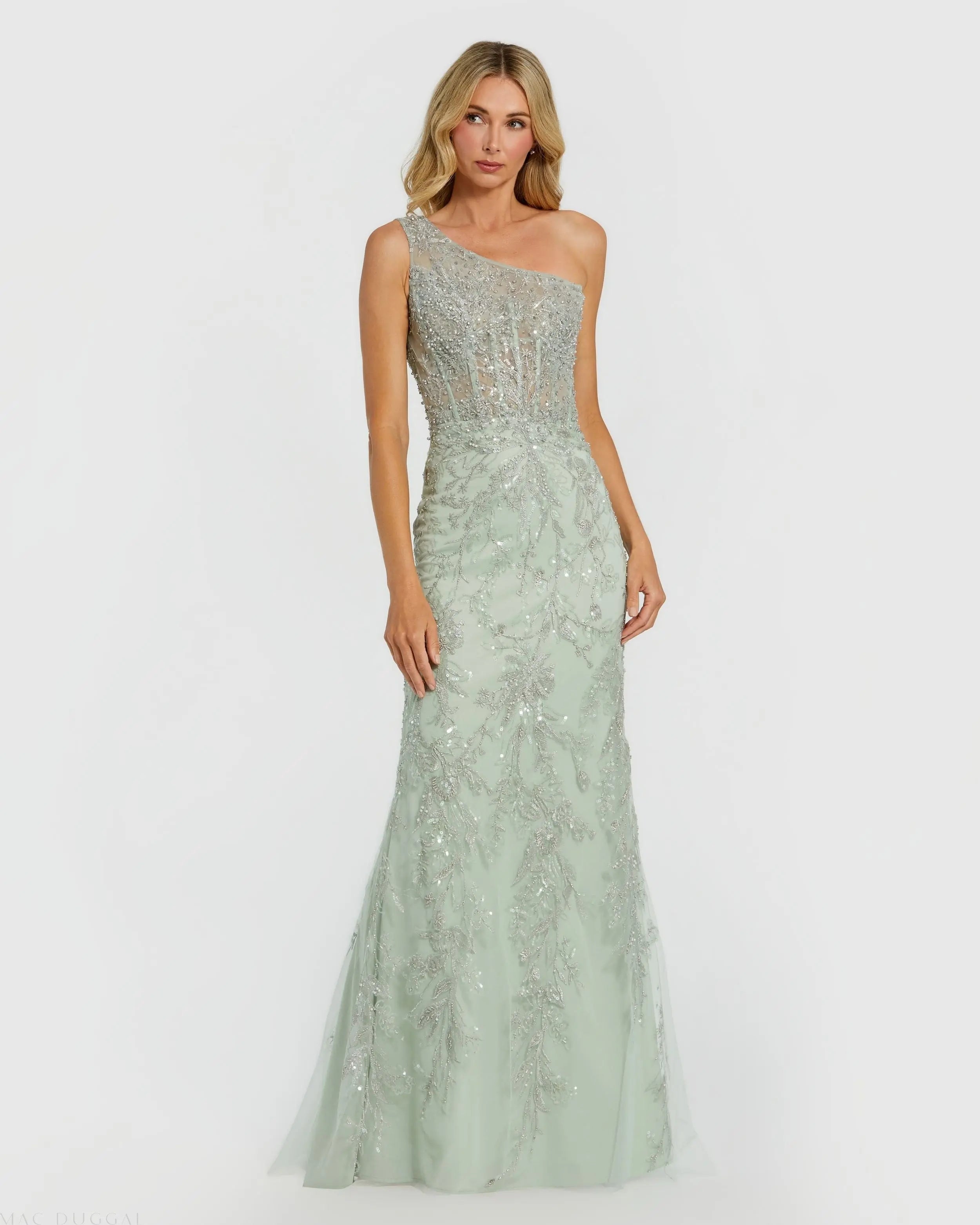 Green One Shoulder Hand Embellished Evening Gown