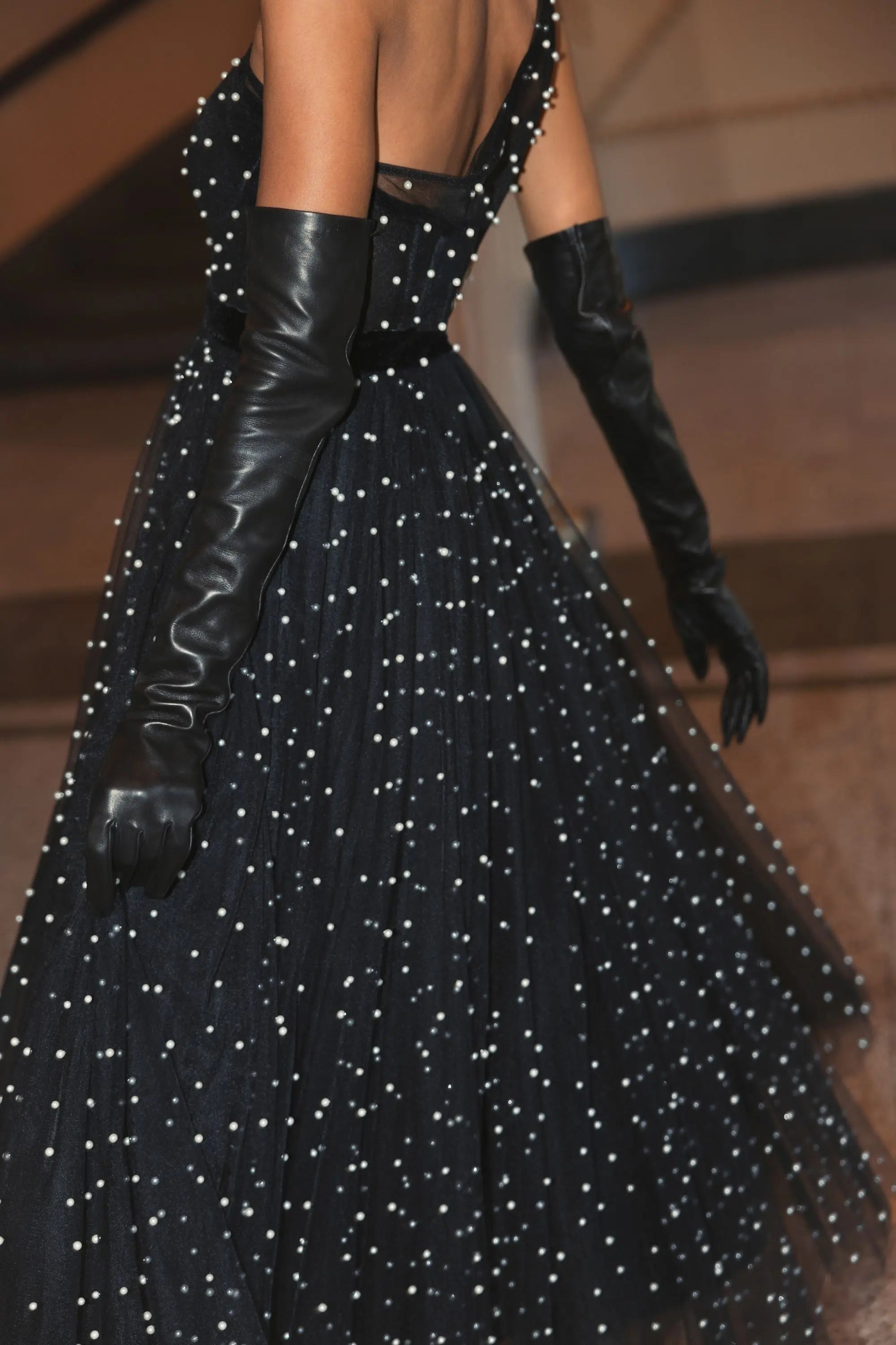 Black One Shoulder Pearl Beaded Midi Ball Gown