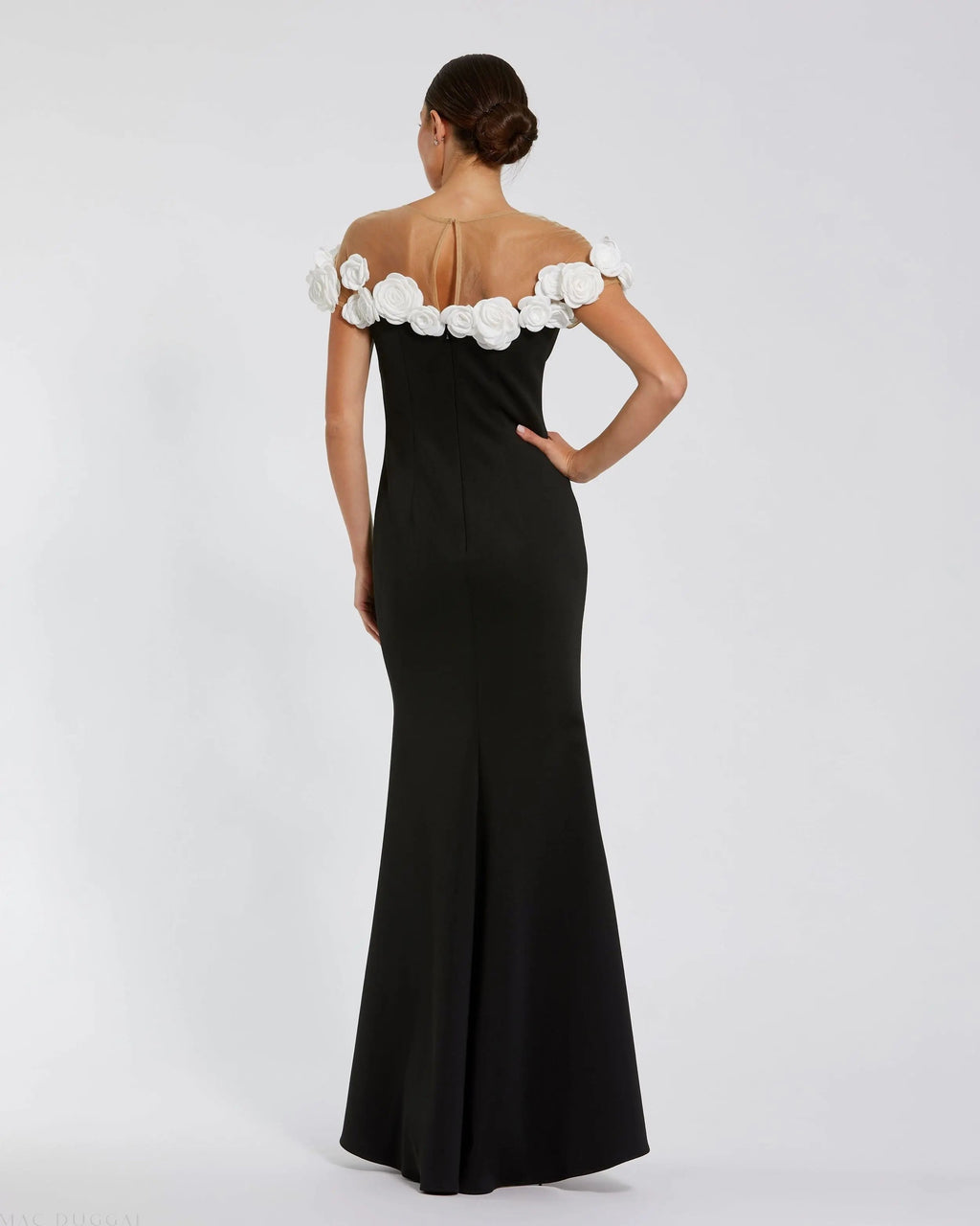 Black Crepe Mermaid Gown With 3D Flowers