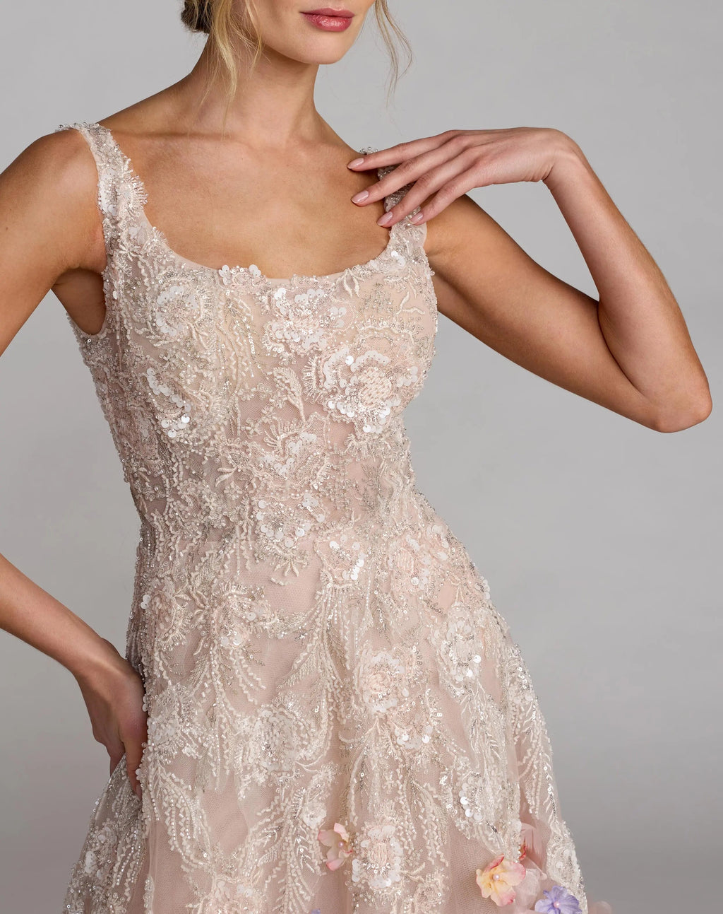 Pink Sleeveless Beaded Midi Dress With 3D Flowers