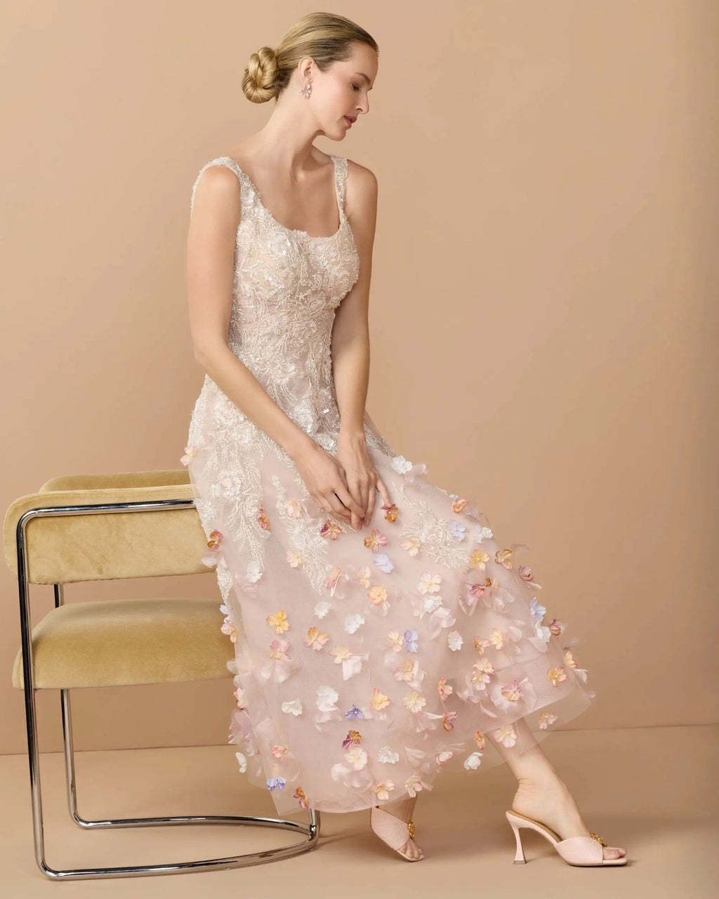 Pink Sleeveless Beaded Midi Dress With 3D Flowers