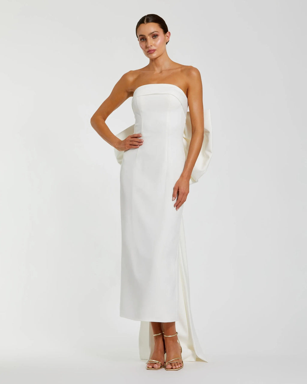 White Strapless Crepe Sheath Dress with Bow