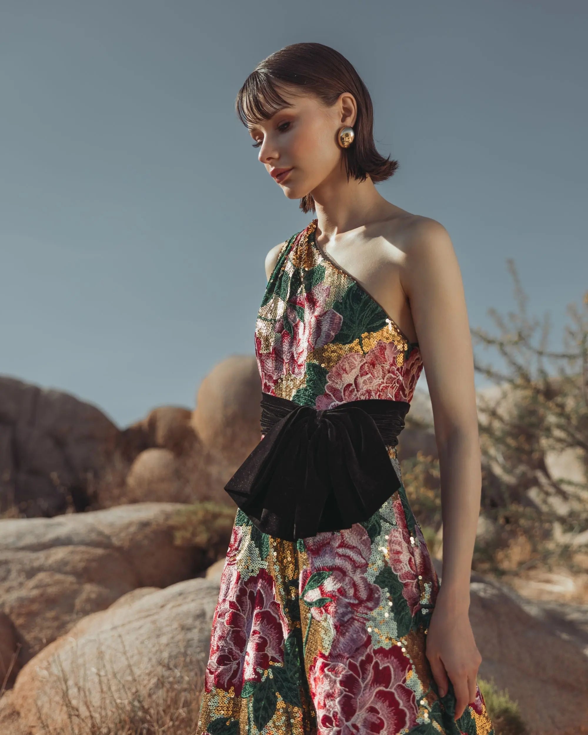 Multicolor One Shoulder Sequin Ball Gown With Velvet Bow