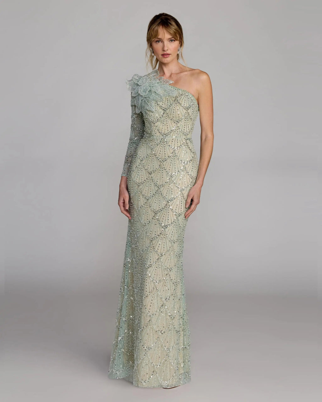 Green One Shoulder Embellished Gown With Floral Accent