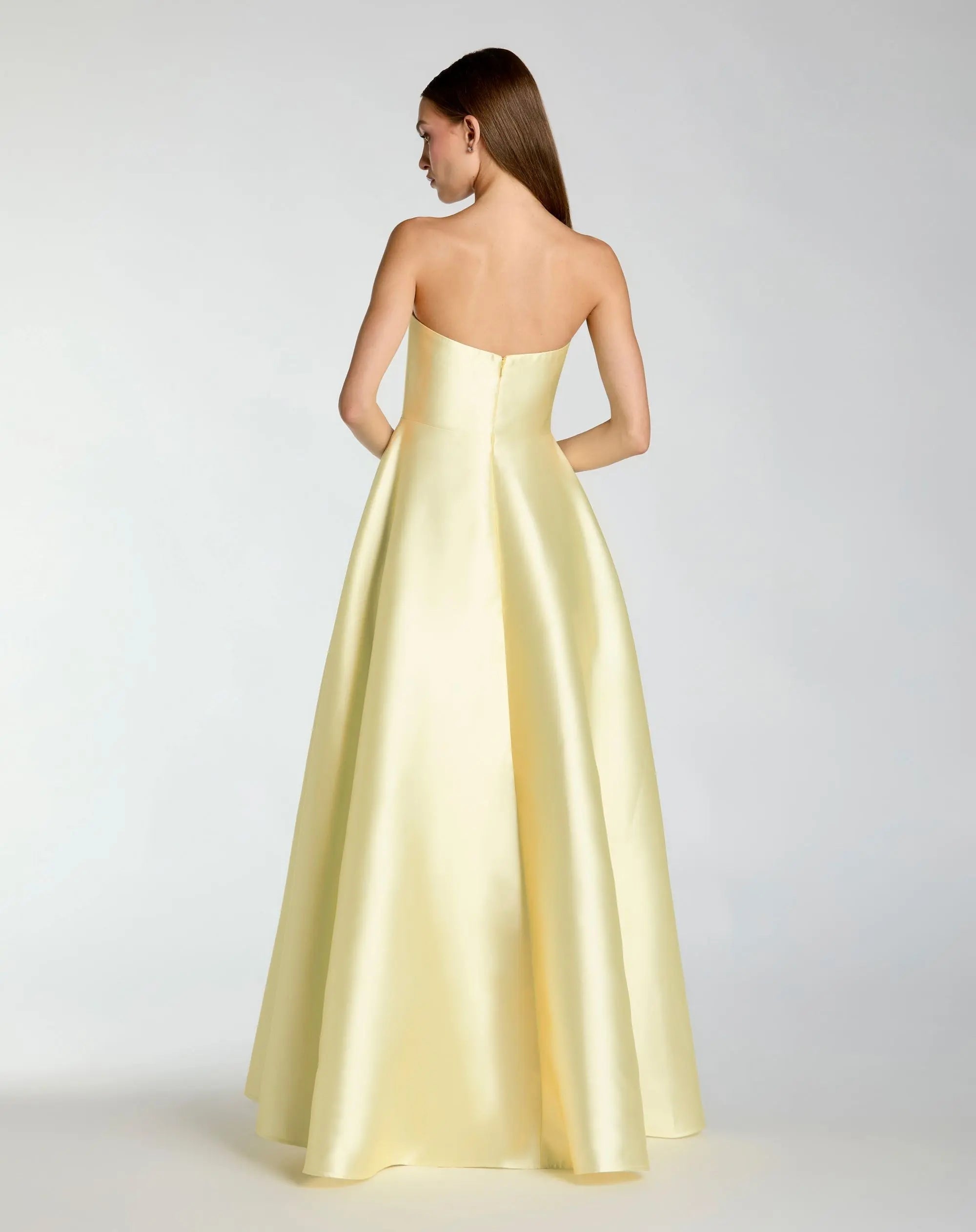 Yellow Strapless Mikado Ball Gown With Floral Print