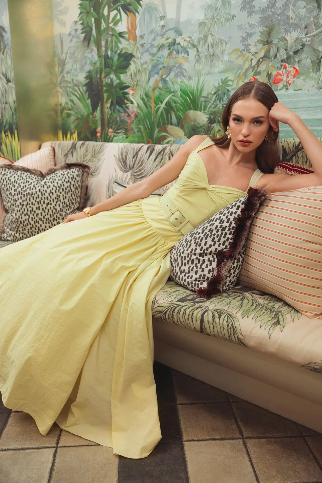 Yellow Sleeveless Faille A-Line Midi Dress With Belt