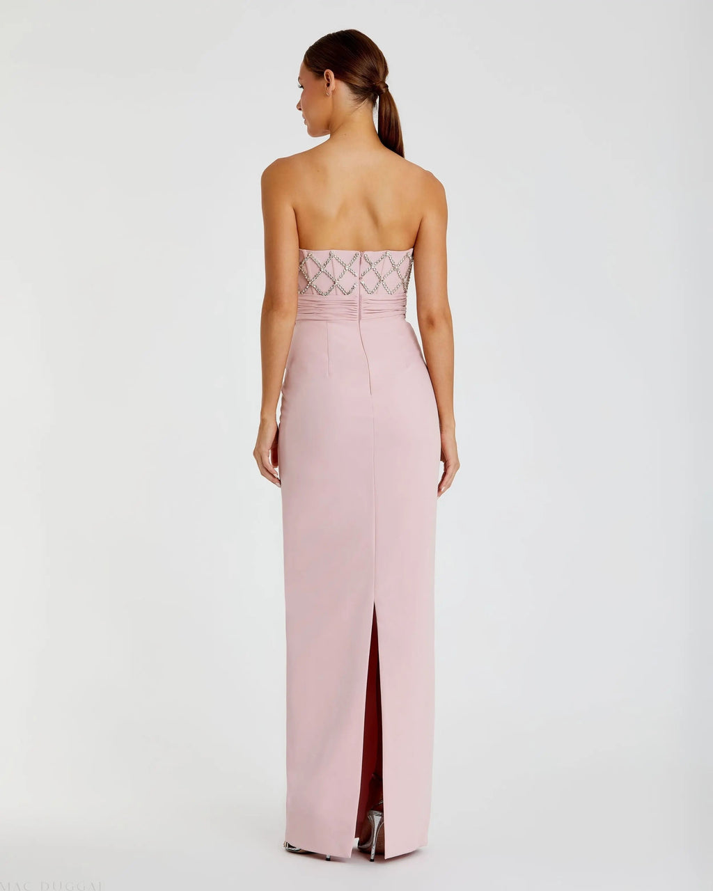 Pink Strapless Embellished Crepe Gown With Bow