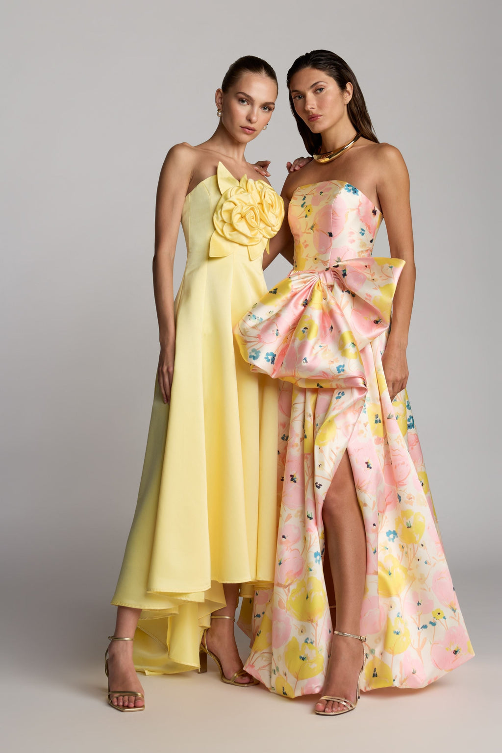 Yellow Strapless Satin High Low Gown With 3D Flowers