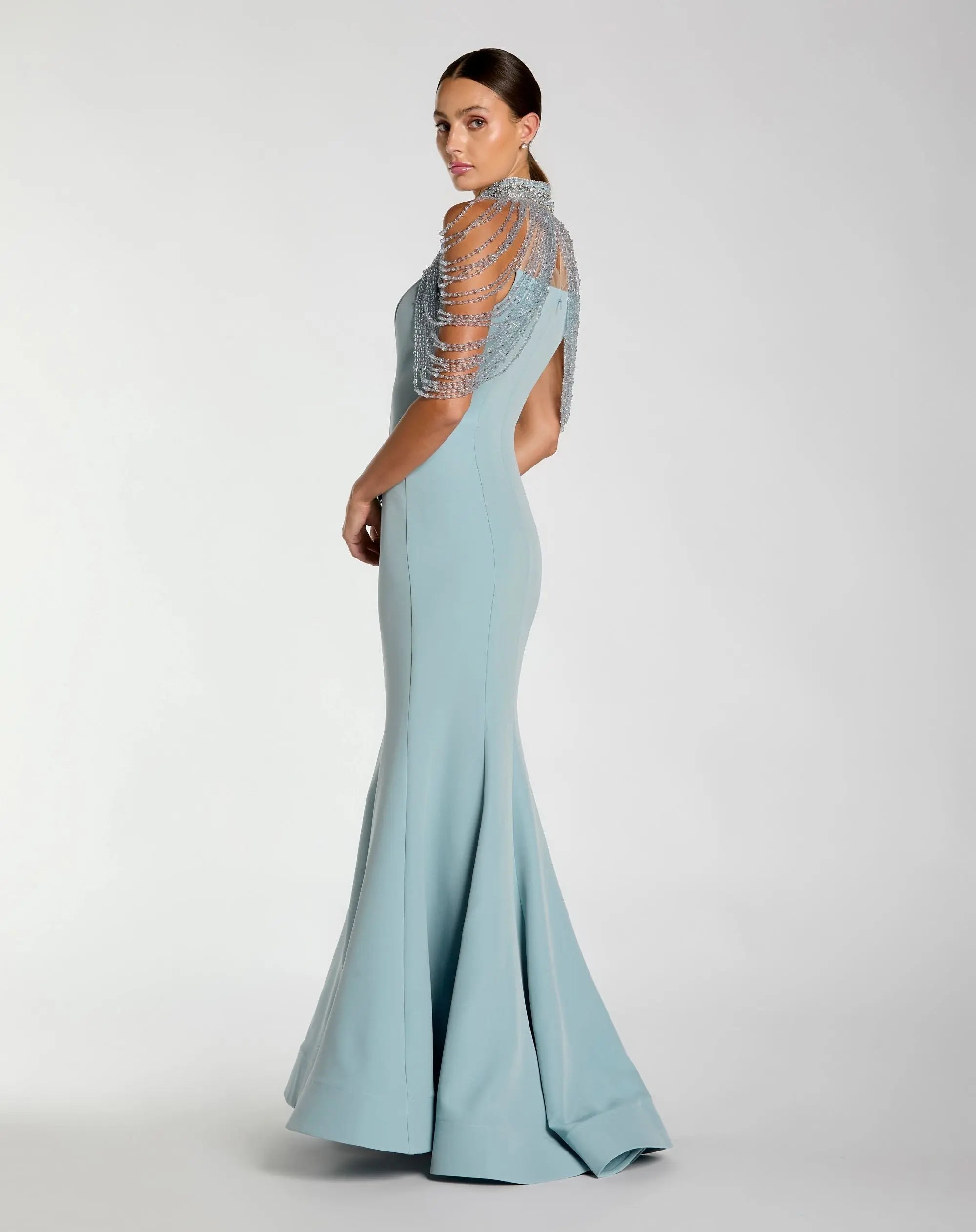Blue Crepe Mermaid Gown With Crystal Draping