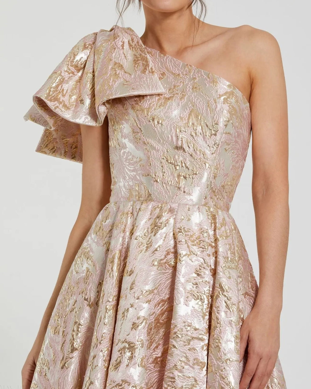 Pink Brocade One Shoulder Floral Gown With Bow