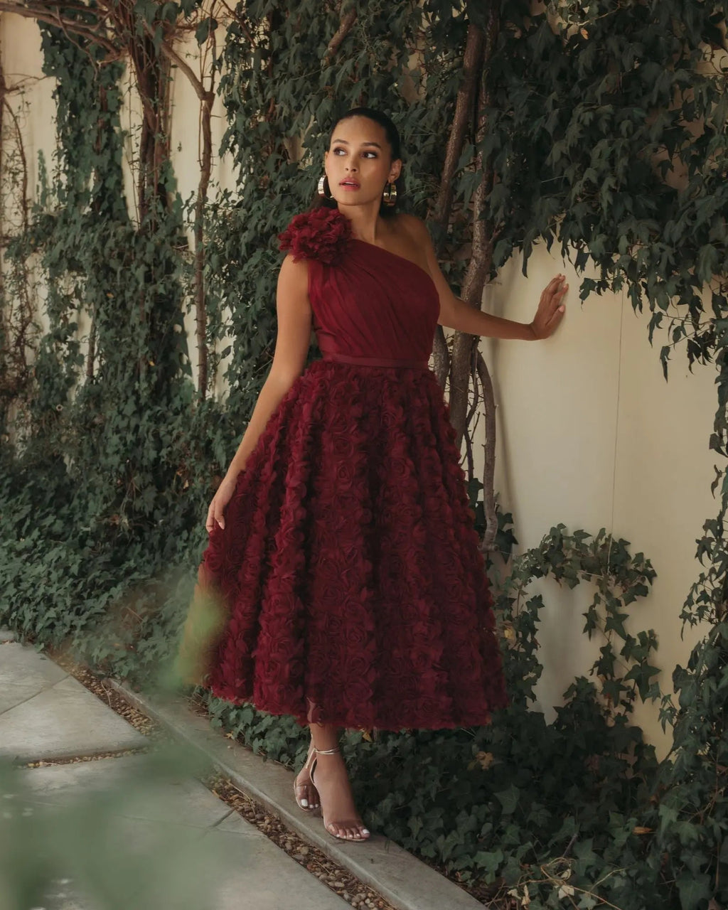 Red One Shoulder 3D Floral Rosette Midi Dress
