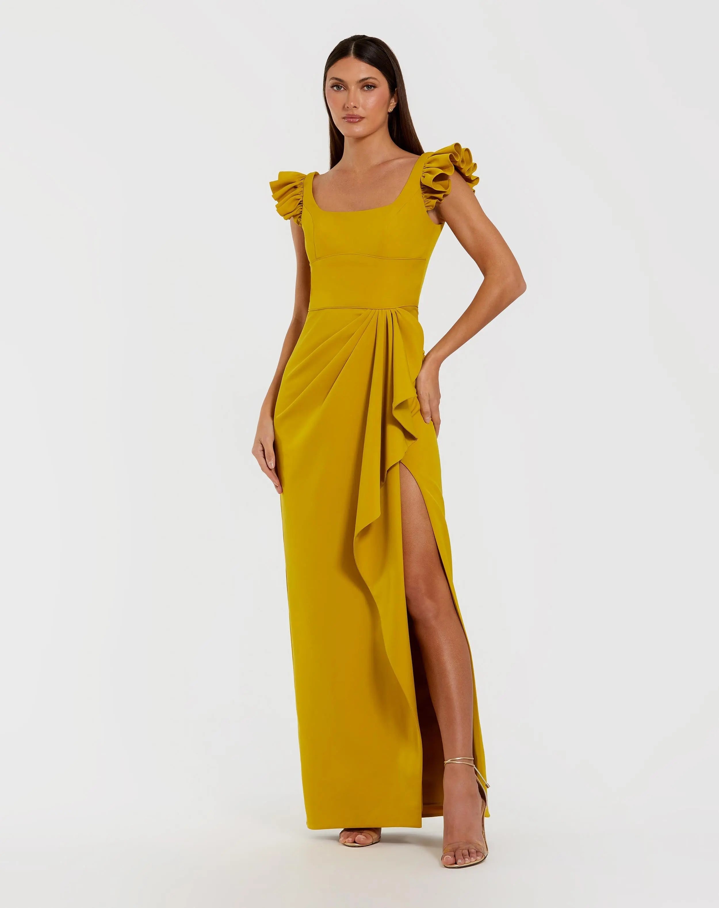 Yellow Square Neck Column Gown With Ruffle Detail