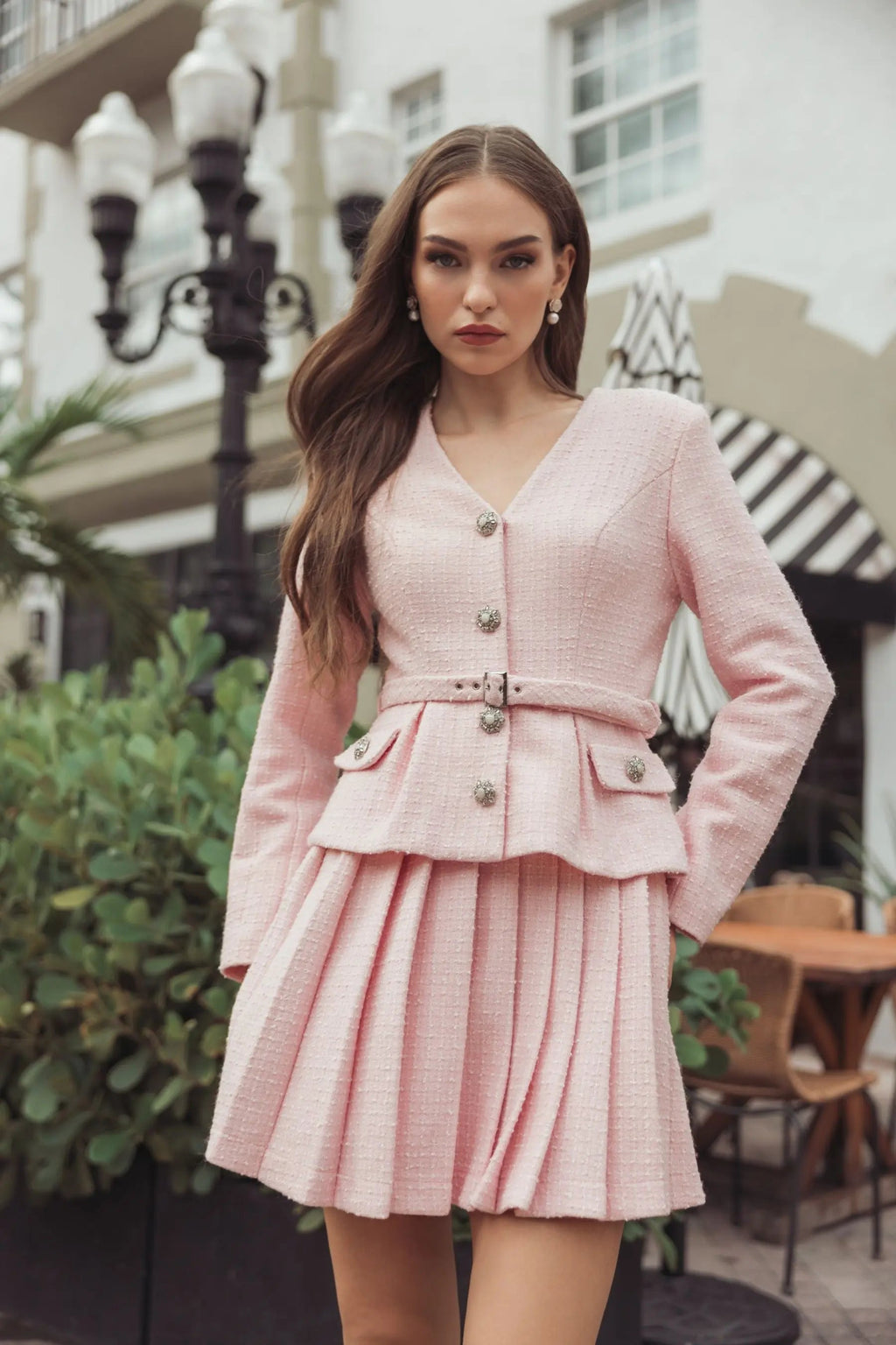 Light Pink Boucle Long Sleeve V-Neck Mini Dress