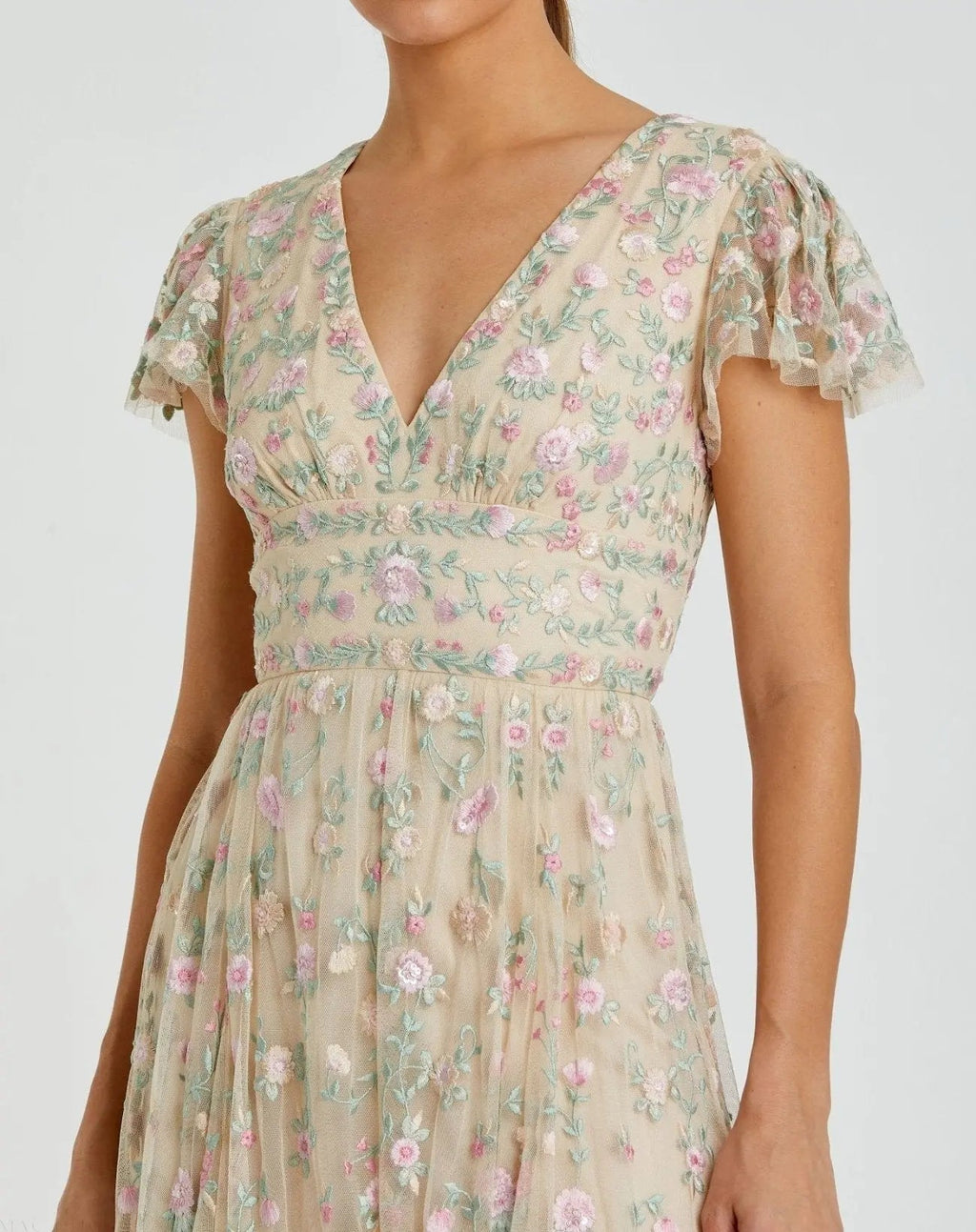 Beige Multicolor Embroidered V Neck Cap Sleeve Midi Dress - FINAL SALE