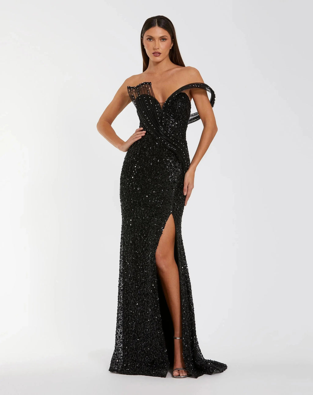Black Embellished Strapless Gown With Sculptural Drape