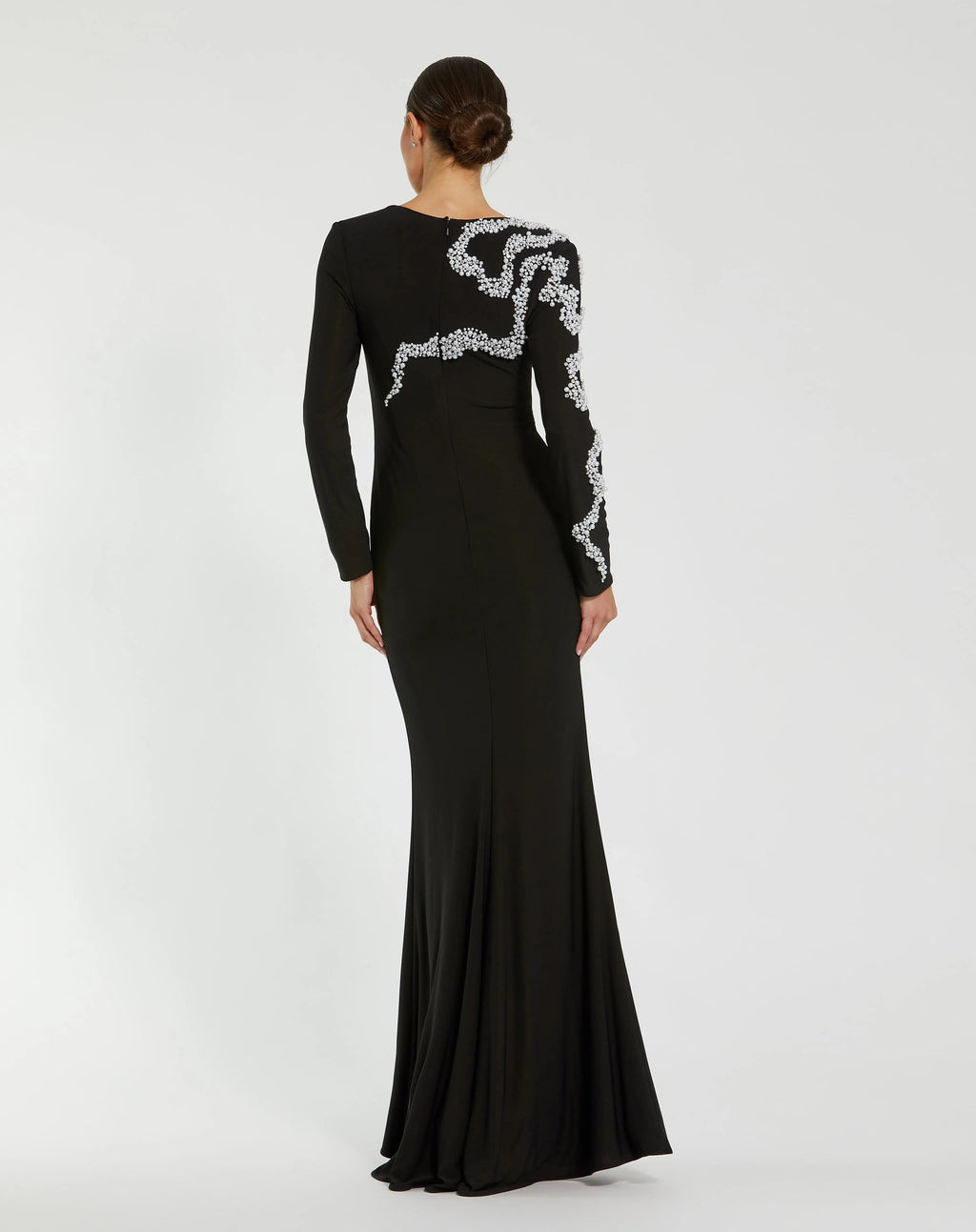 Black Jersey Evening Gown With Beaded Swirl Detail