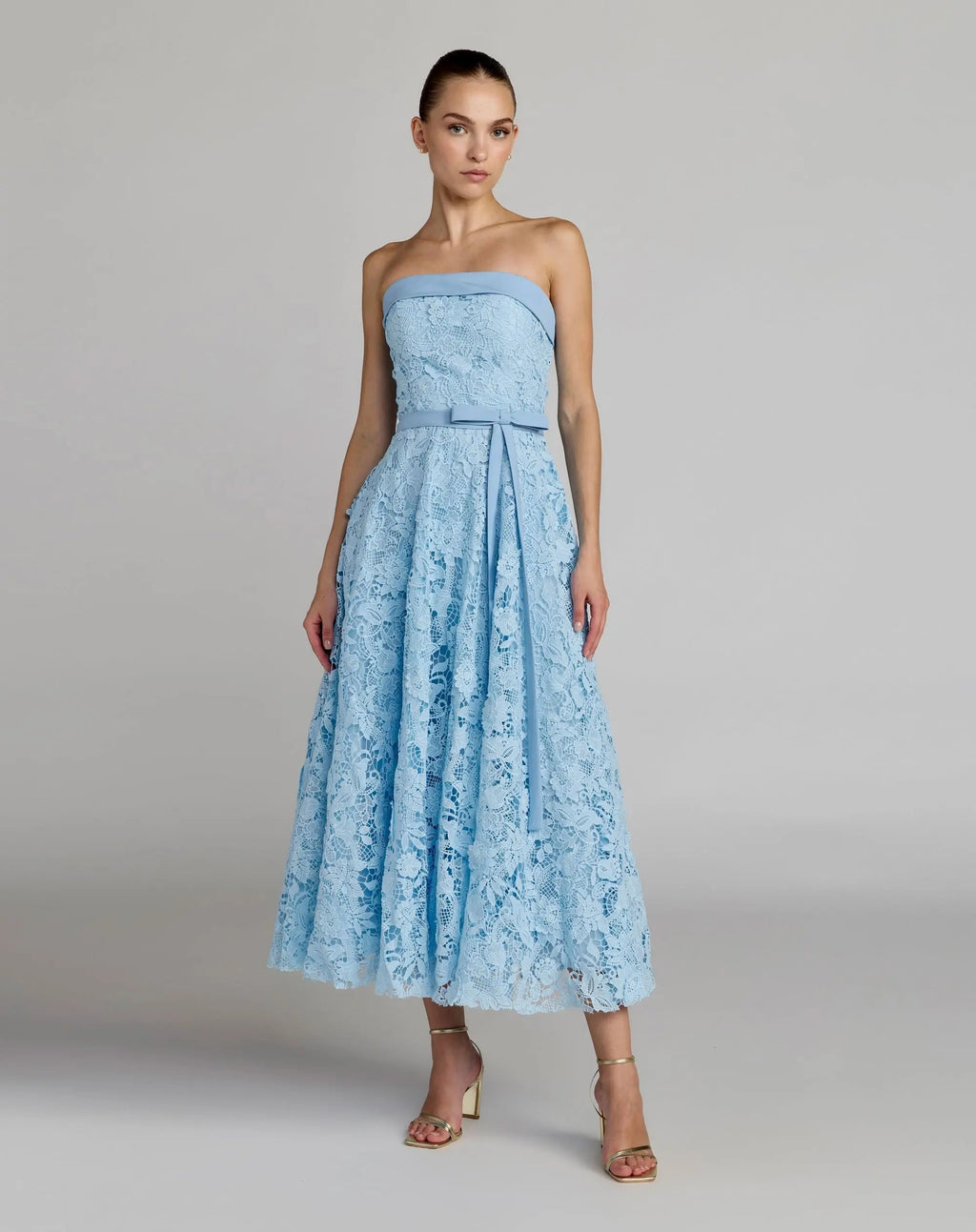 Blue Embroidered Lace Strapless Midi Dress With Bow Detail