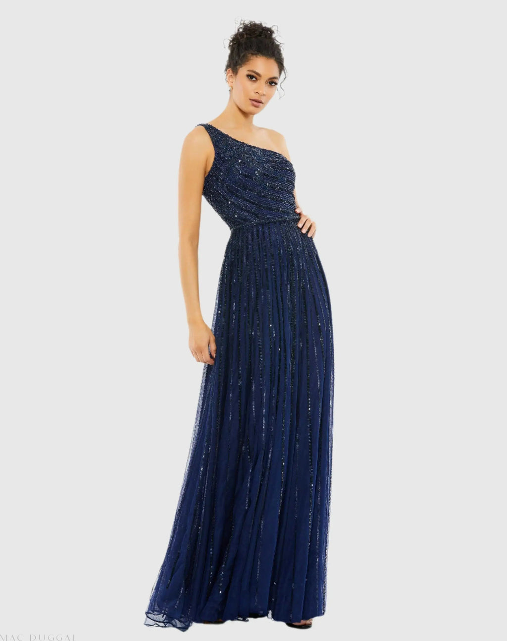 Navy Embellished One Shoulder A-Line Gown