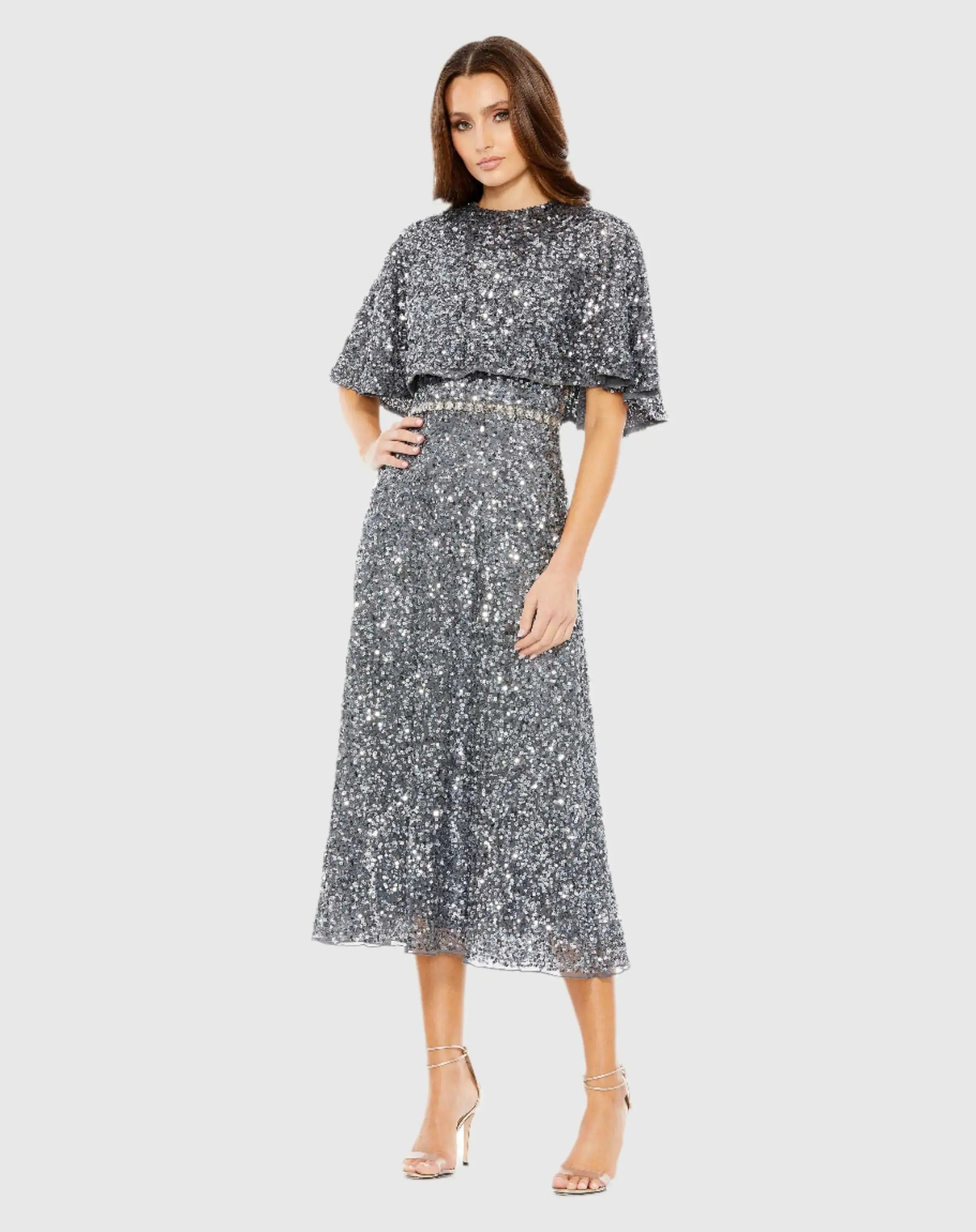 Gray Embellished Cape High Neck Midi Dress