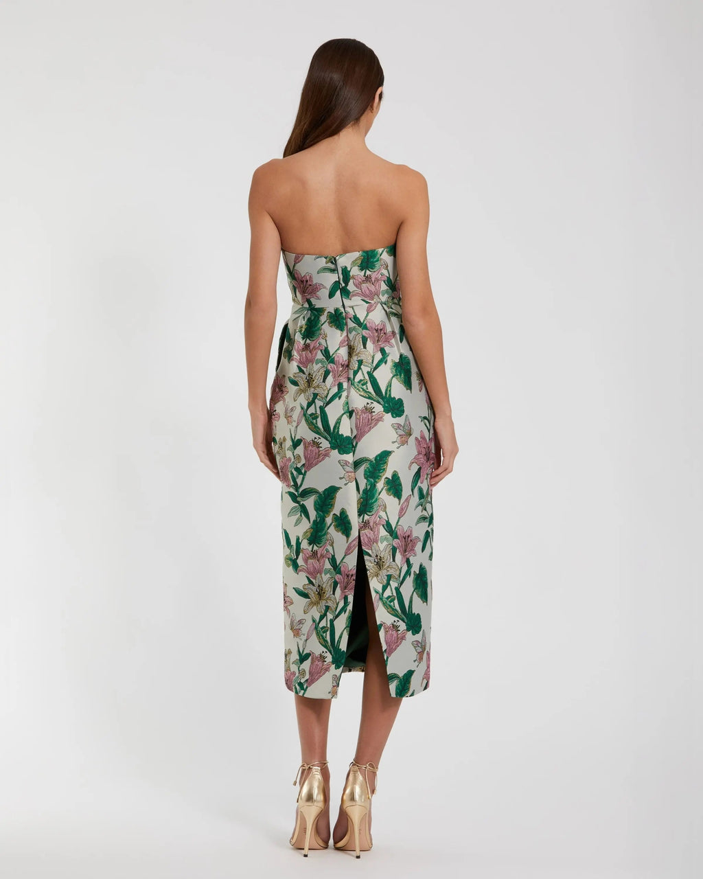 Multicolor Floral Brocade Strapless Fitted Midi Dress