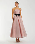 Pink Polka Dot Organza Strapless Midi Dress With Velvet Bow