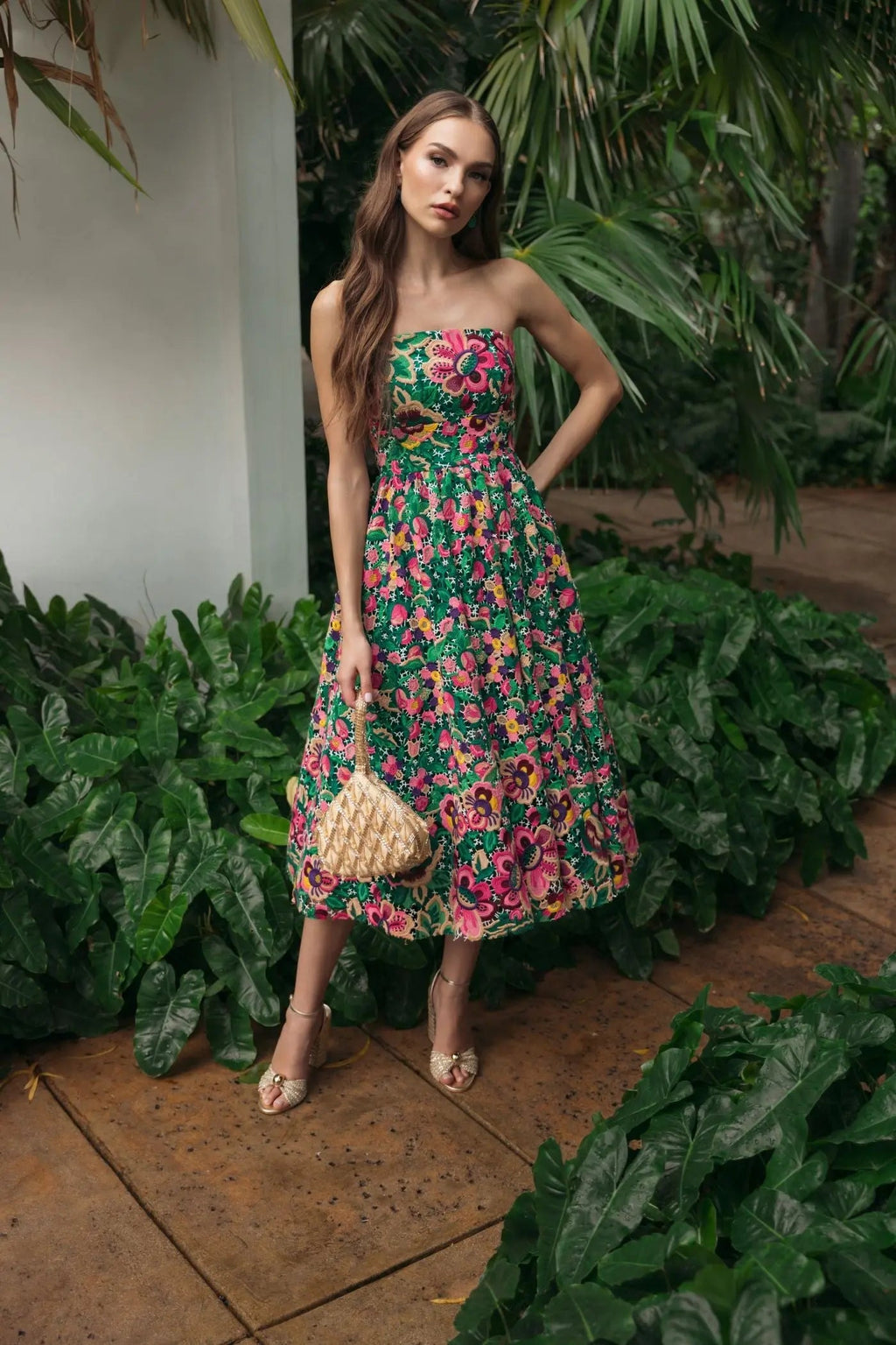 Green Strapless Floral Embroidered Midi Dress