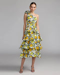 Yellow One Shoulder Floral Tiered Midi Dress