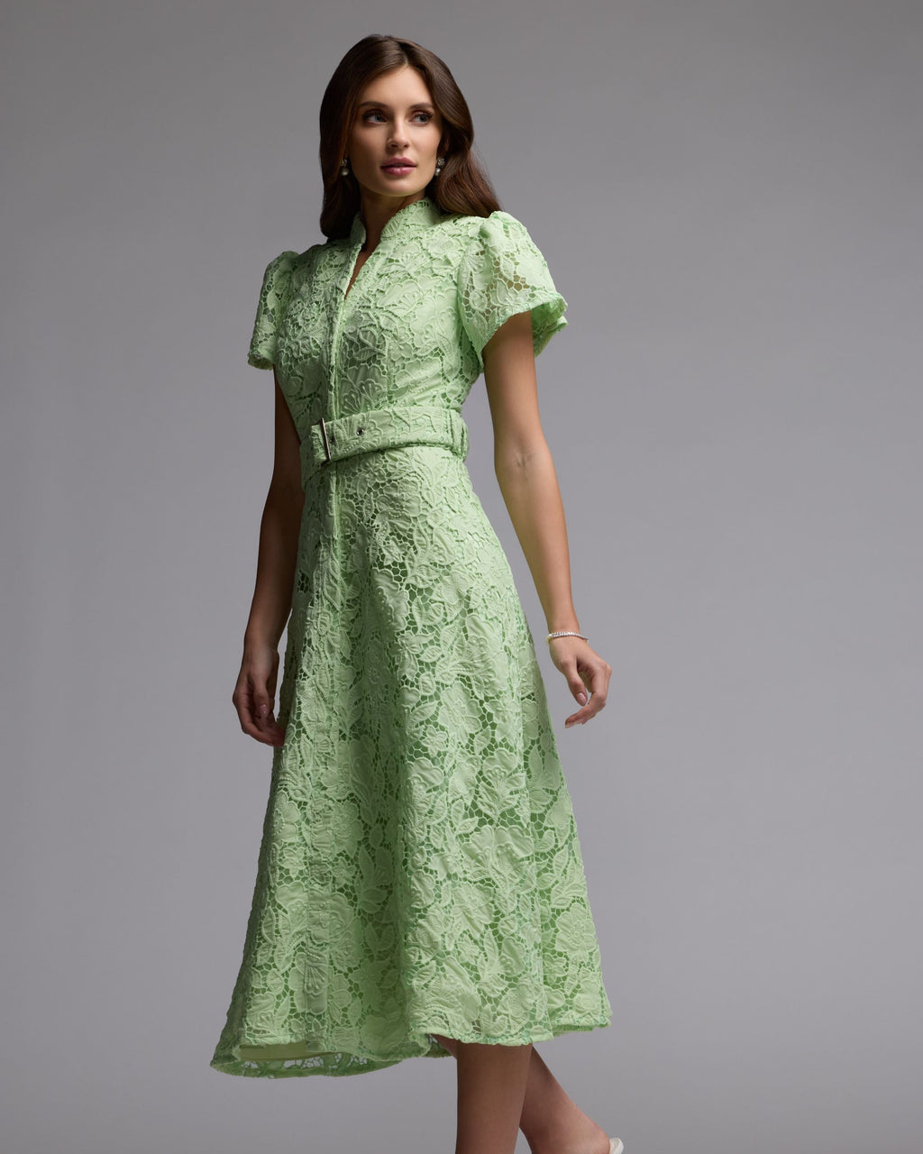 Green Embroidered Lace Belted Midi Dress