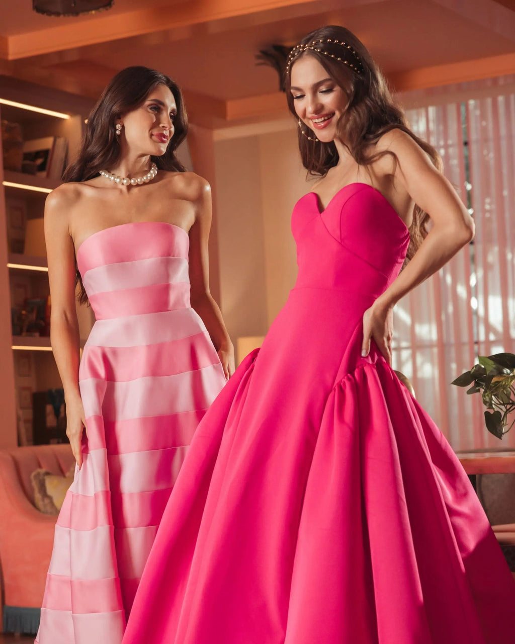 Pink Strapless Crepe Ball Gown With Satin Skirt