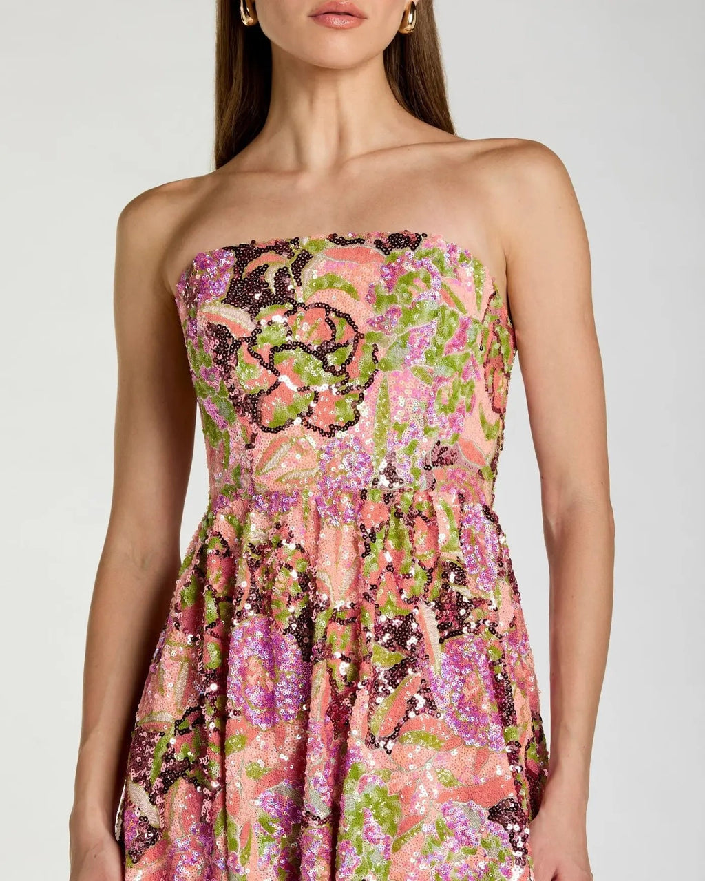 Multicolor Strapless Sequin Floral Midi Dress
