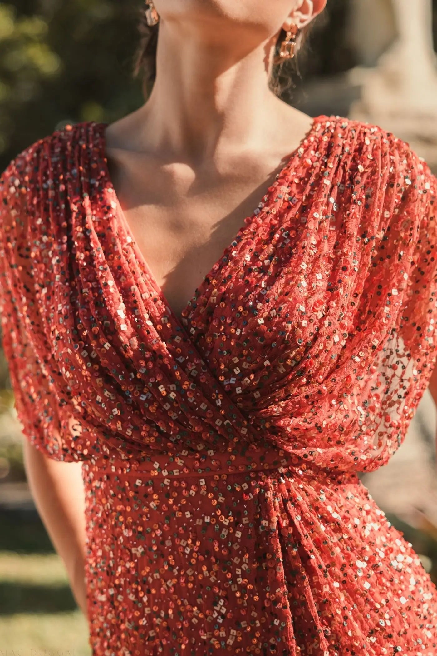 Red Sequin Draped Sleeve V-Neck Gown