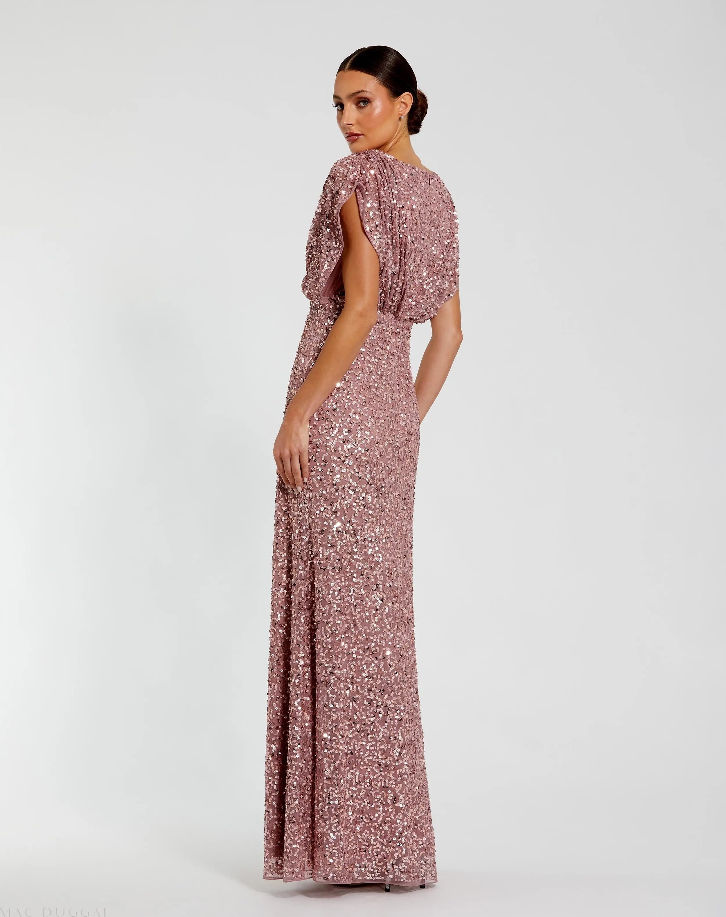 Purple Sequin Draped Sleeve V-Neck Gown