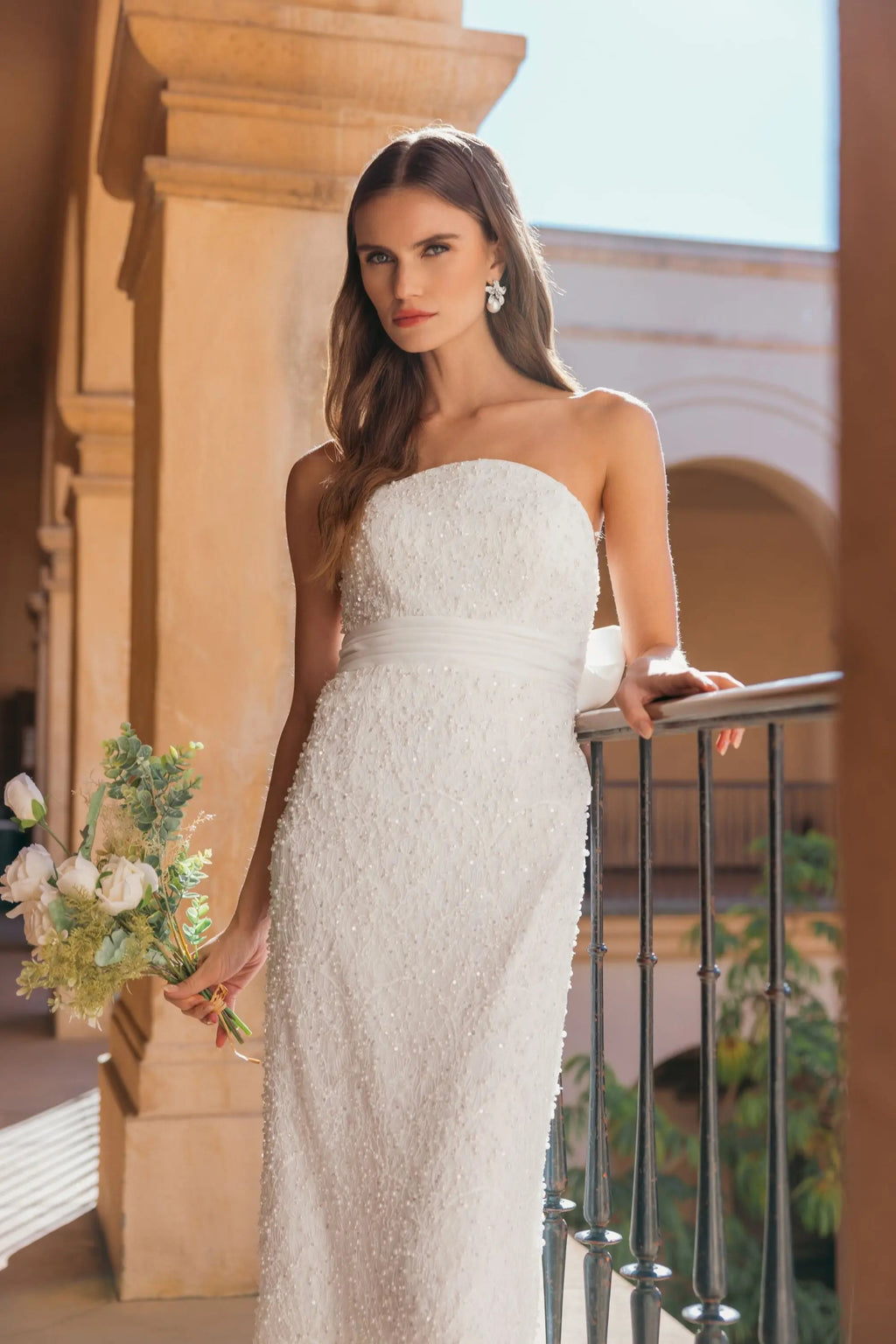 Ivory Strapless Beaded Bow Back Midi Dress