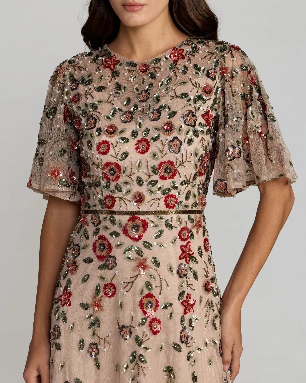 Beige Floral Embellished Flutter Sleeve Midi Dress