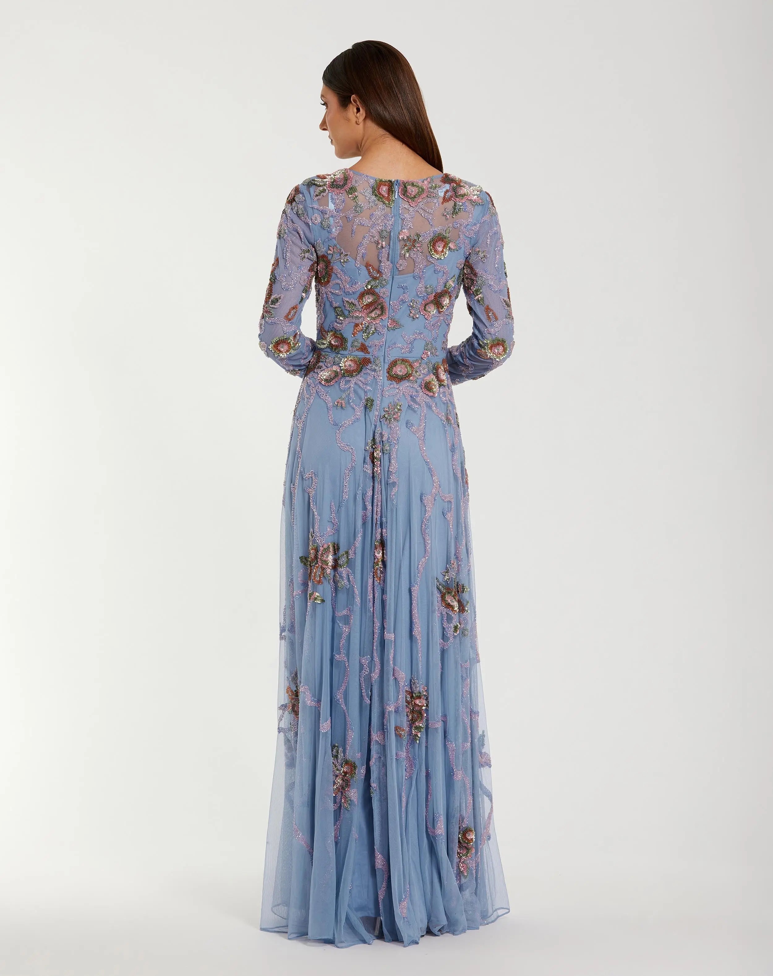 Blue Long Sleeve Floral Beaded Gown