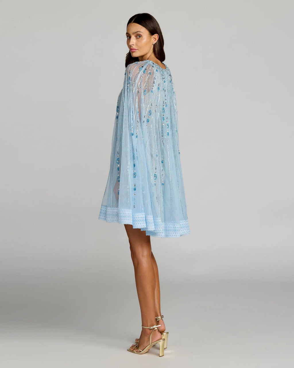 Blue Beaded Lace Cape Sleeve Mini Dress