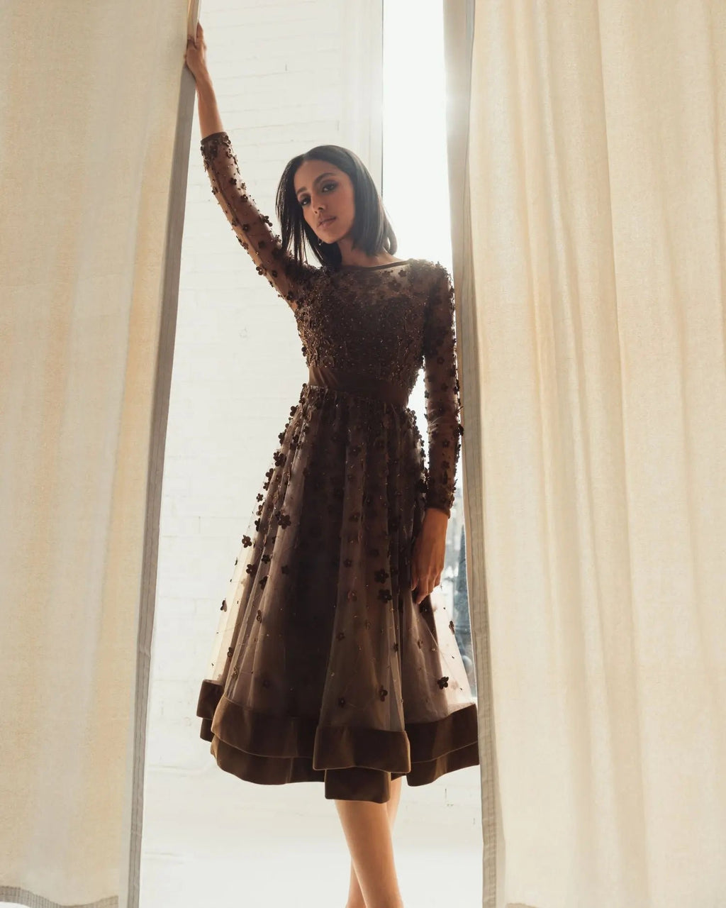 Brown Velvet Embellished Illusion Long Sleeve A-Line Midi Dress